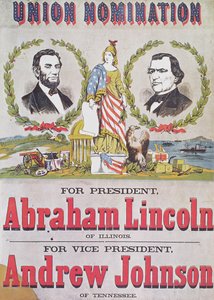 Verkiezingsposter voor de nominatie van de Unie met Abraham Lincoln als president en Andrew Johnson als vice-president